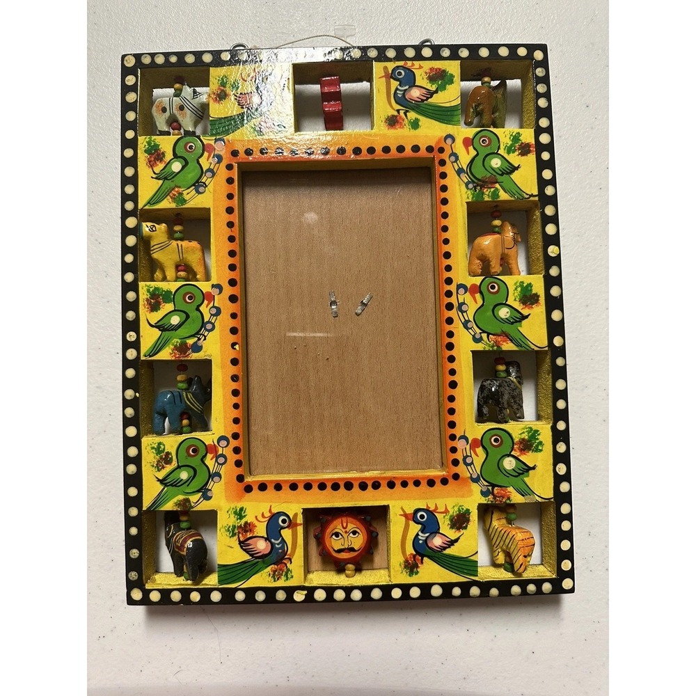 Vtg Child's Picture Frame Adorned With Spinnning Wooden Animals